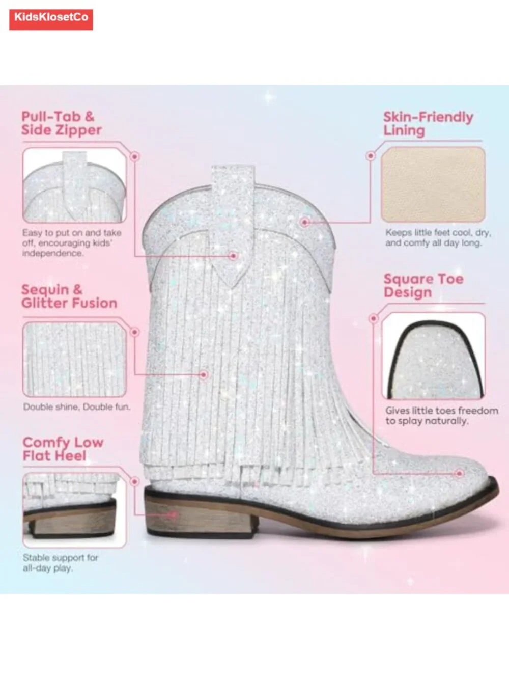 Square Toe Fringe Cowgirl Boots with Glitter, Non-Slip Outsole, Side Zipper